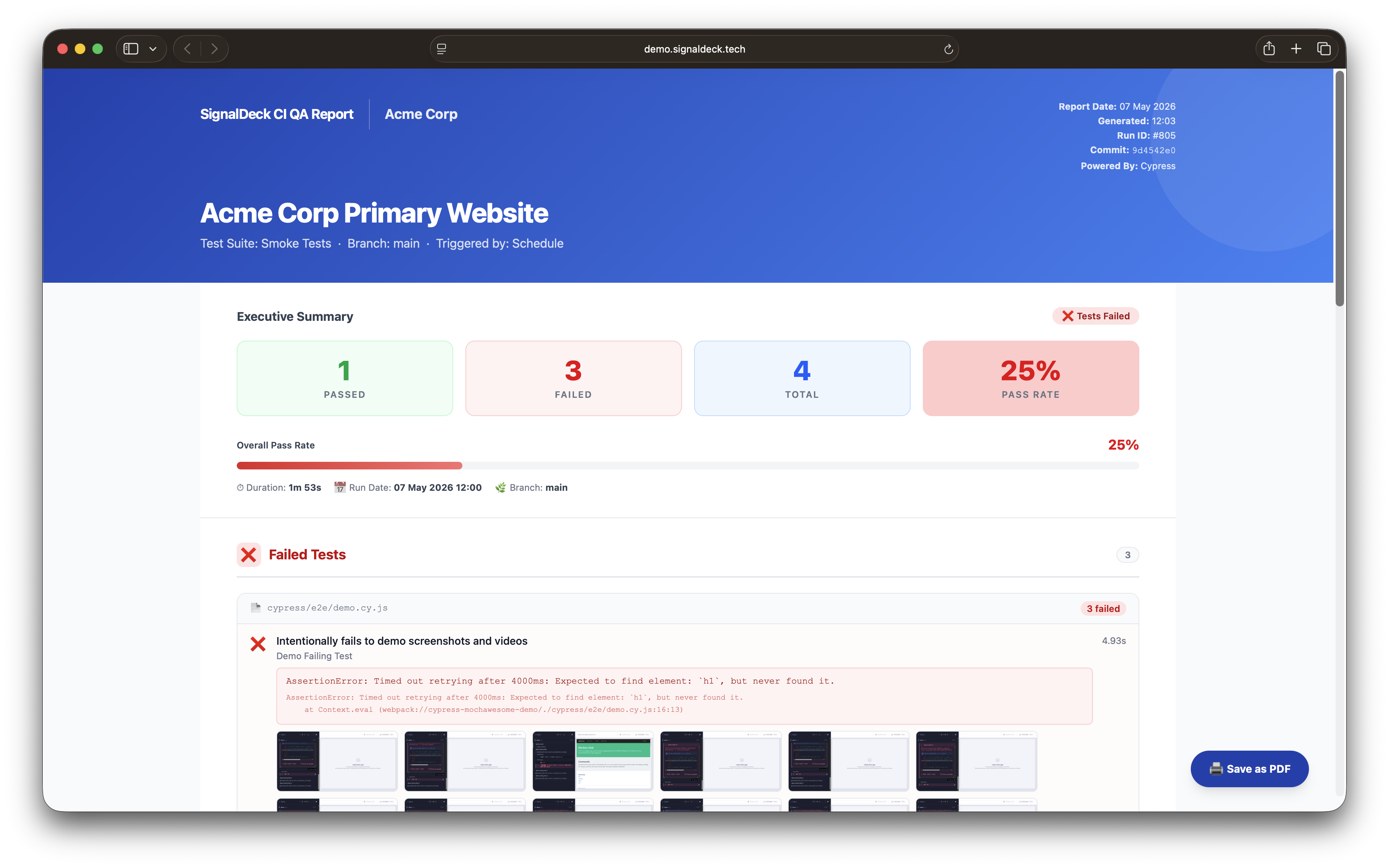 Branded client HTML report in SignalDeck CI — per-client logo, colours, and footer text