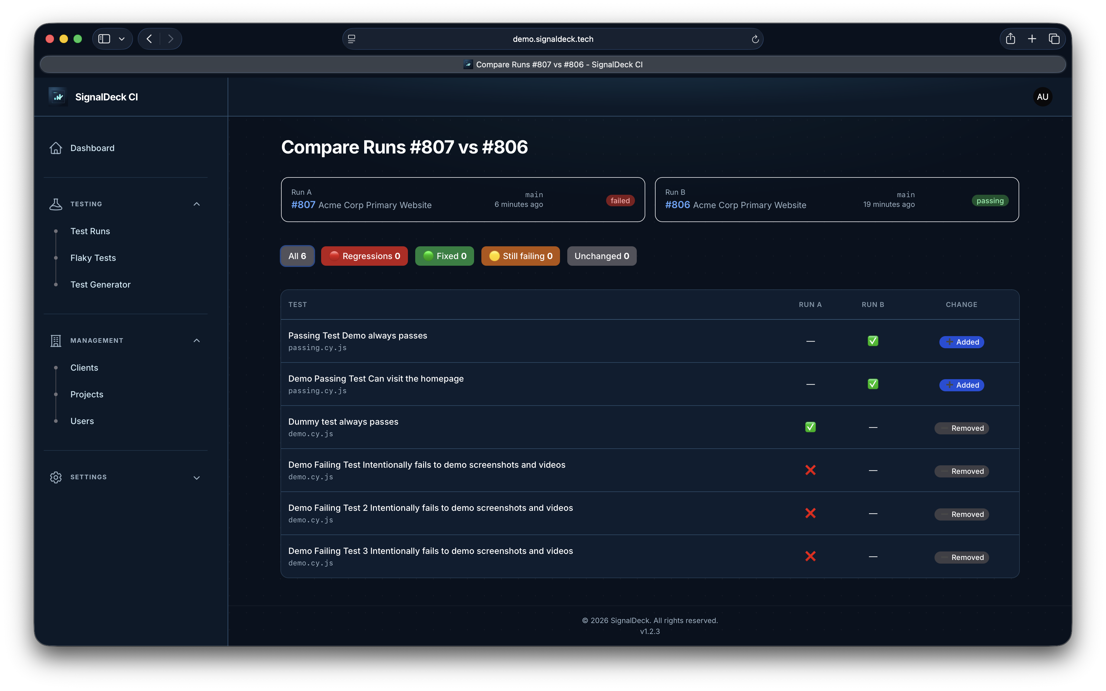 Compare runs view in SignalDeck CI