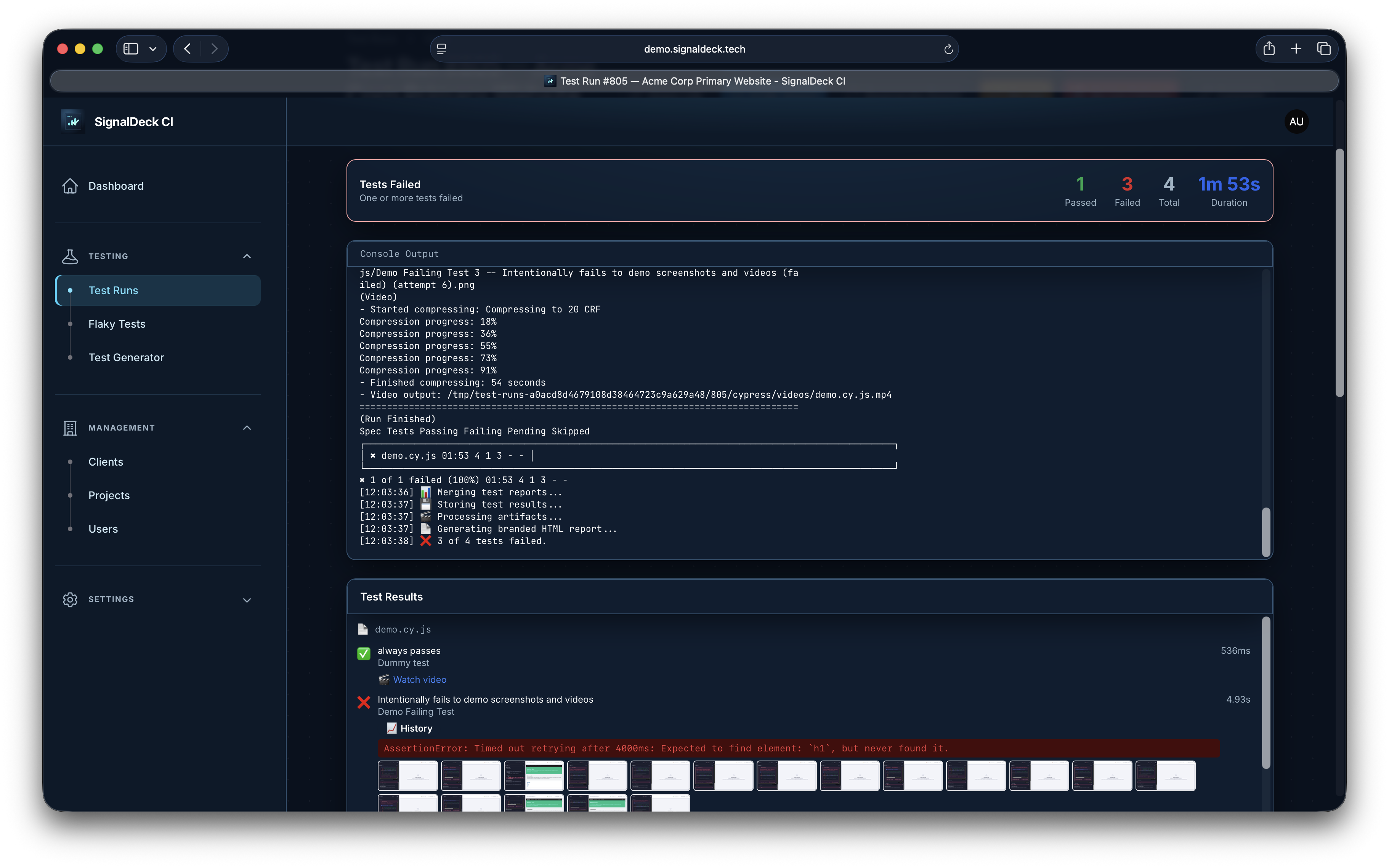 Completed Cypress and Playwright test run in SignalDeck CI showing pass/fail breakdown and report link