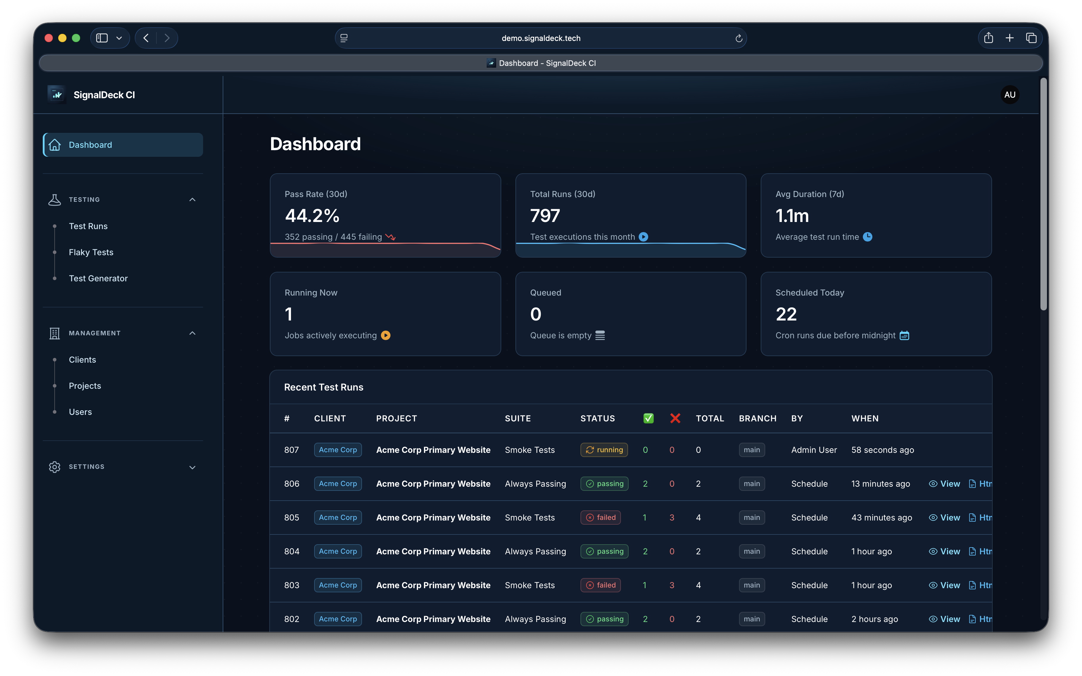 SignalDeck CI dashboard showing test pass rates, run history, and project health at a glance