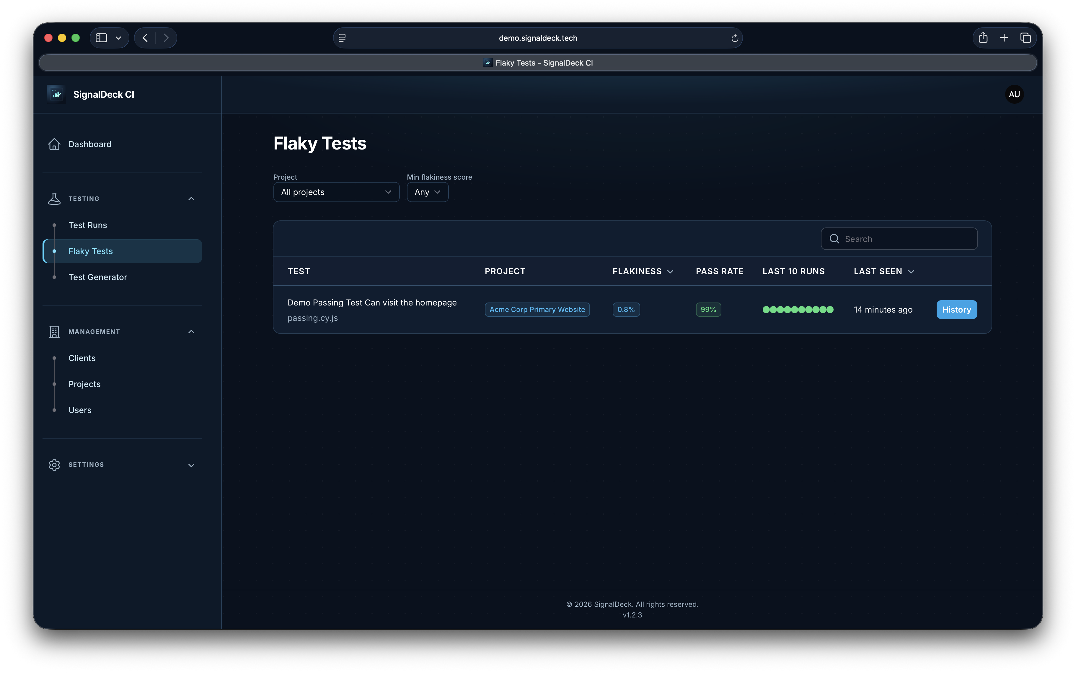 Flaky tests view in SignalDeck CI