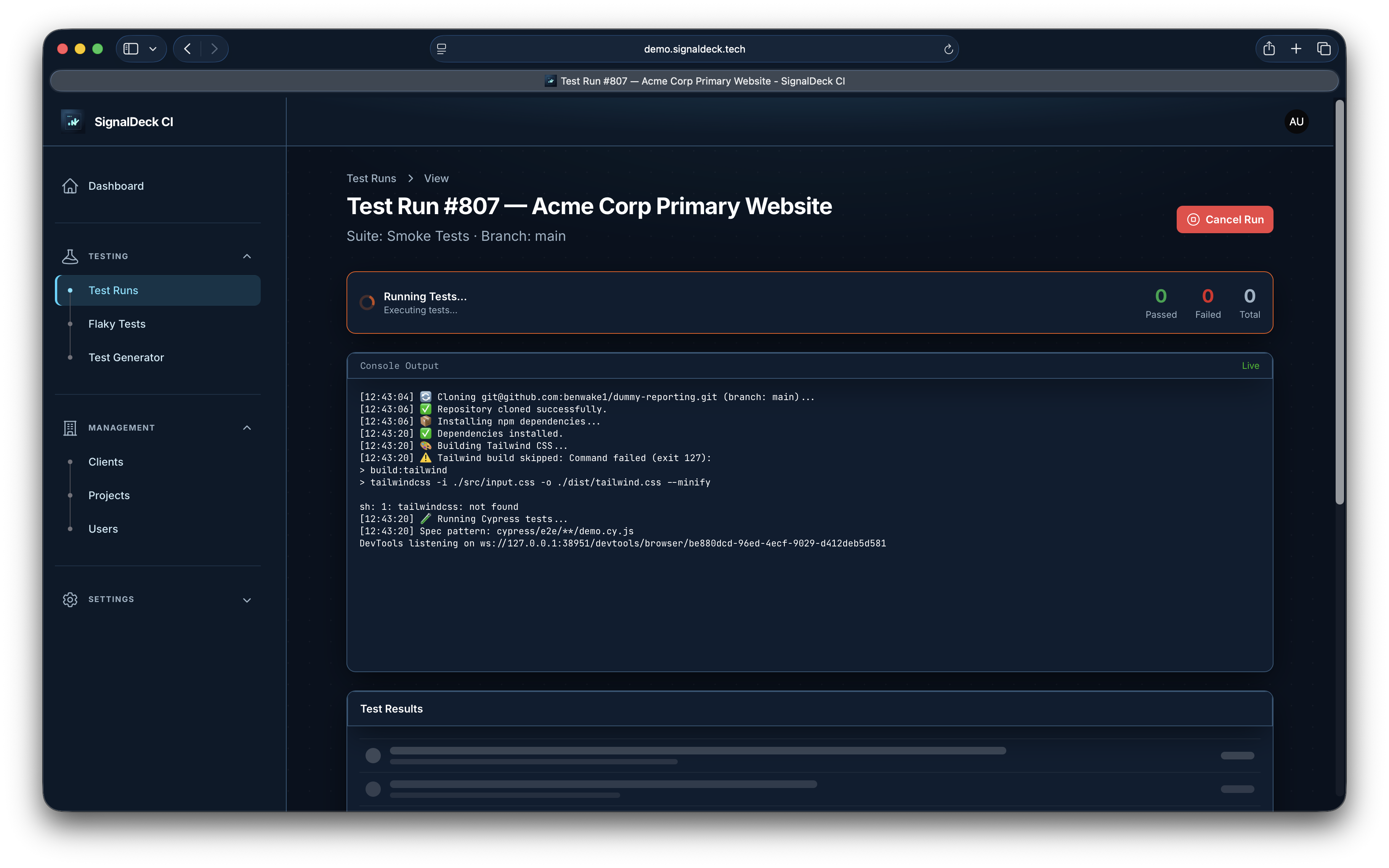 Cypress and Playwright test output streaming live in SignalDeck CI — no blind waiting